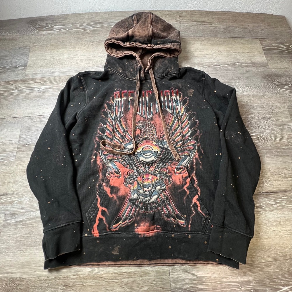 Affliction Hoodie Mens Medium Black Acid Wash Eagle Motorcycle Rhinestone Y2K